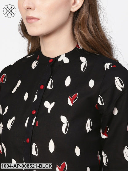 Black Quirky Printed 3/4Th Sleeves A-Line Top