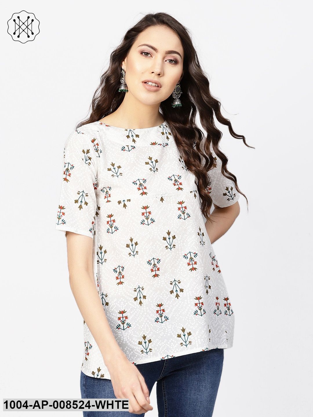 White Multi Colored Floral Pinted Top With Boat Neck & Half Sleeves