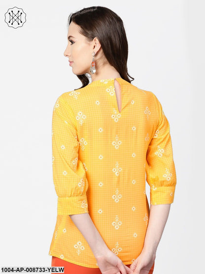 Yellow floral & checks printed A-line top