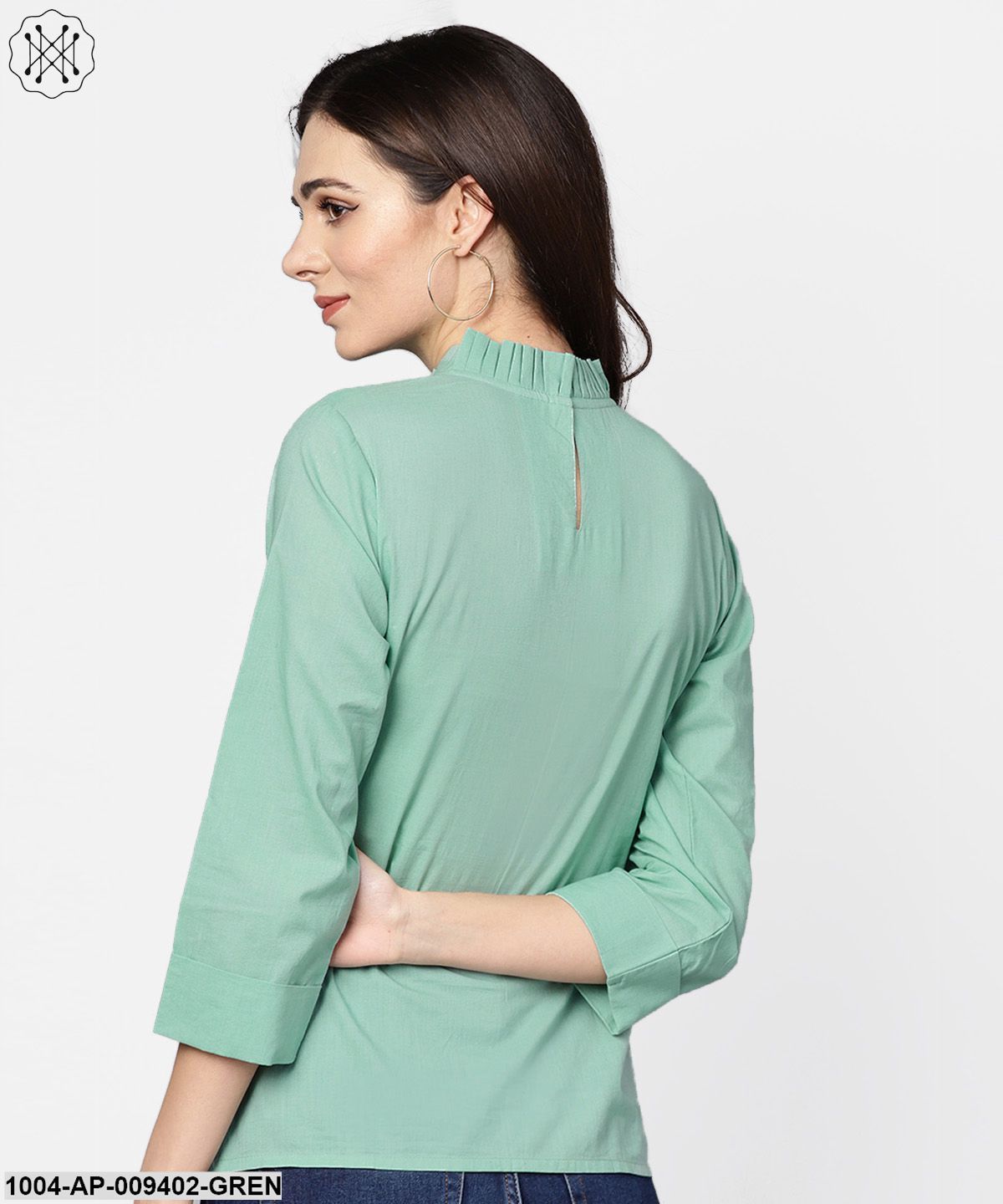 Pine Green Top Detailed With Pleats & Ruffled Neck