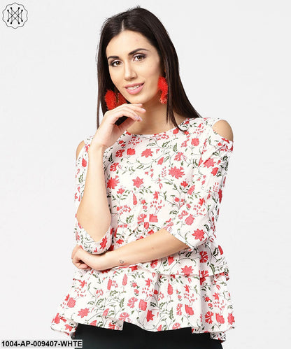 White & Red Printed 3/4Th Cold Shoulder Sleeve Layered Tops