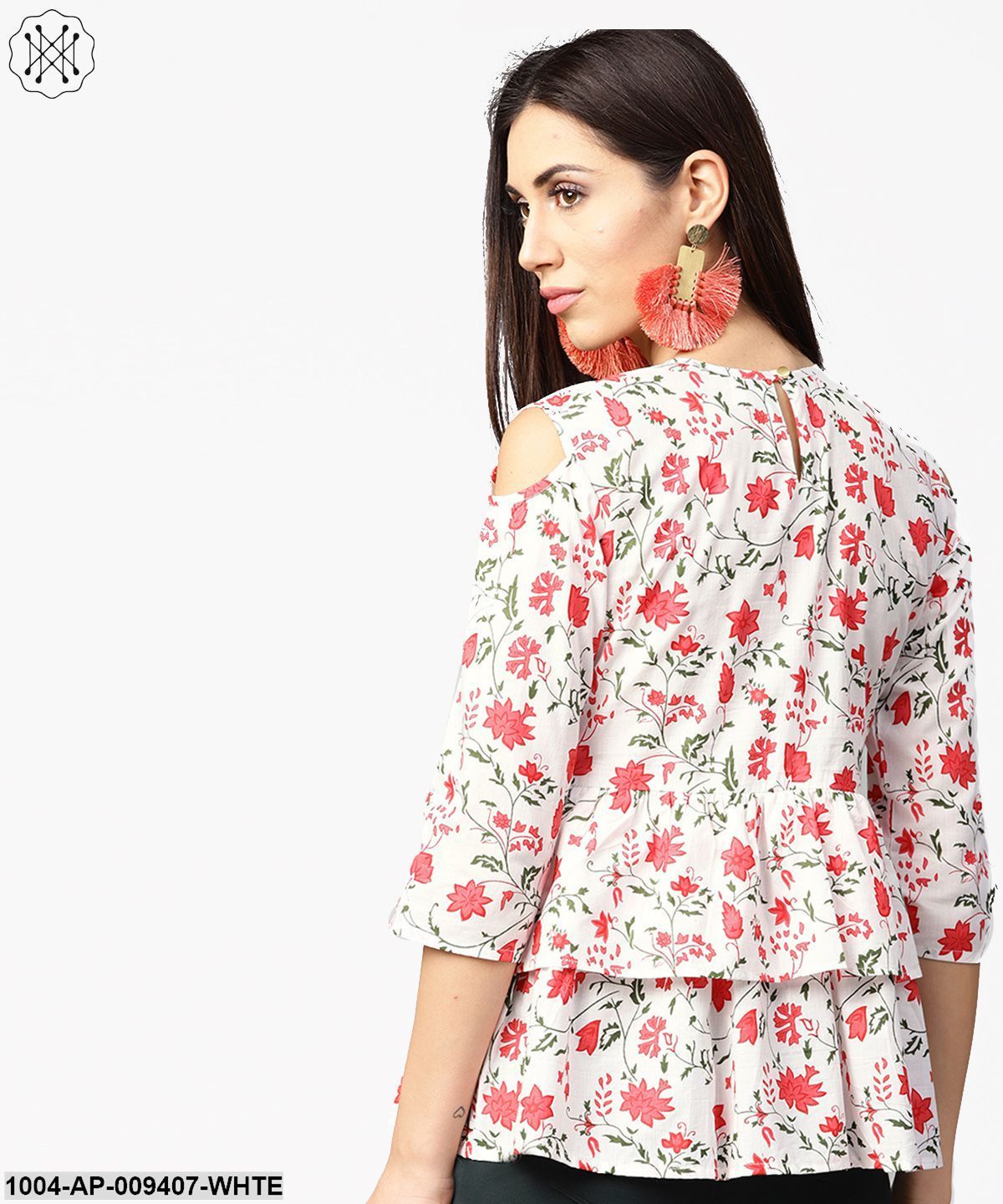 White & Red Printed 3/4Th Cold Shoulder Sleeve Layered Tops