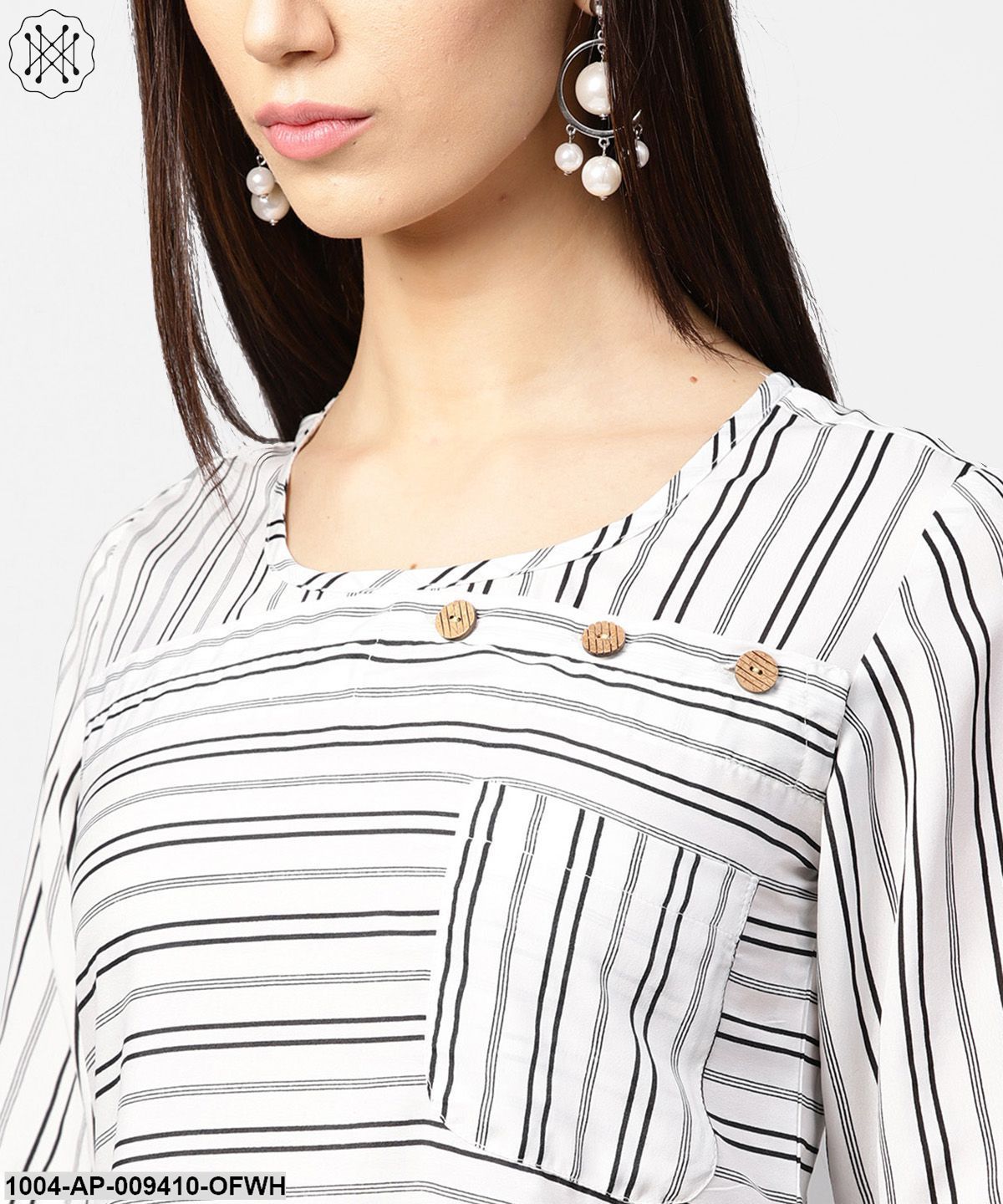 Off White Striped Half Sleeve Crepe Top