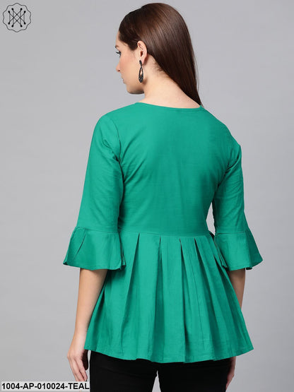 Women Teal Solid Tie-Up Neck Peplum Top