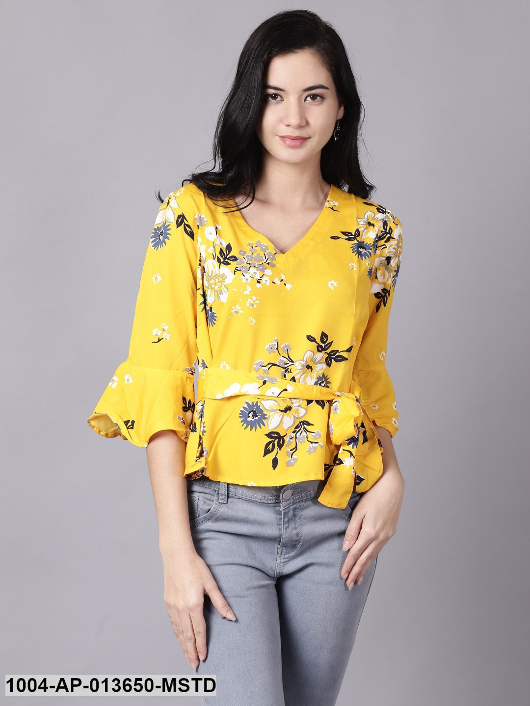 Mustard yellow Casual Printed V-Neck Top