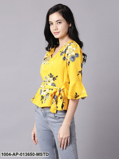 Mustard yellow Casual Printed V-Neck Top