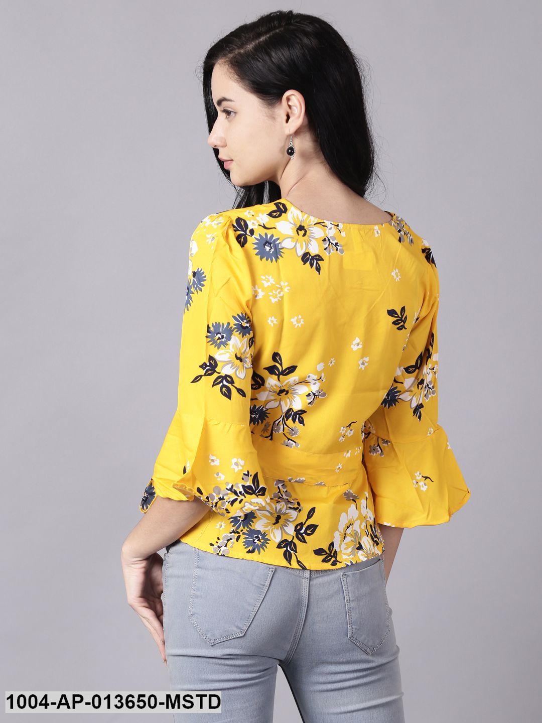 Mustard yellow Casual Printed V-Neck Top