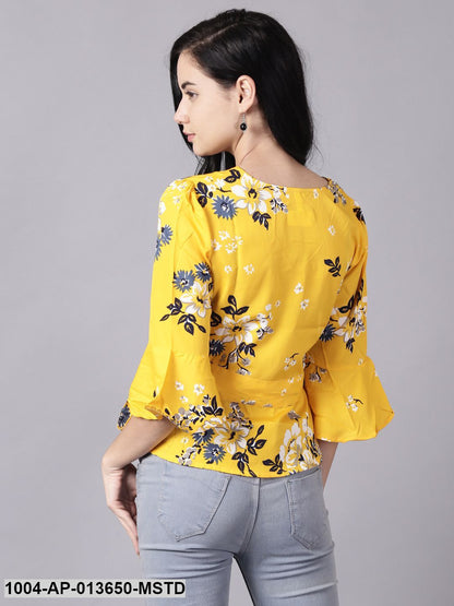 Mustard yellow Casual Printed V-Neck Top