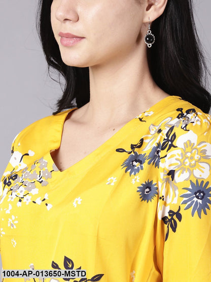 Mustard yellow Casual Printed V-Neck Top