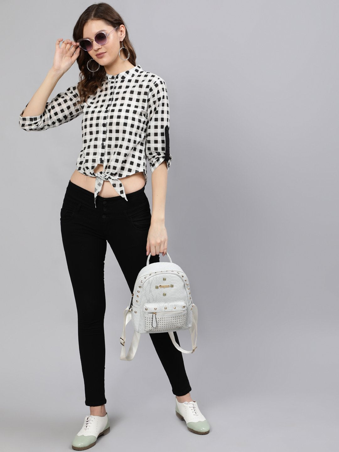 Women Black & White Checked Printed Top