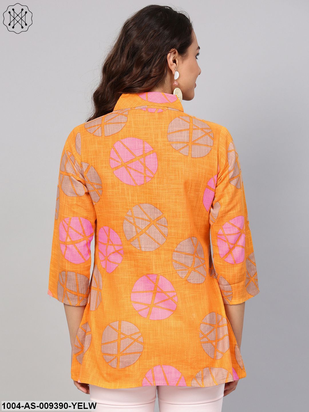 Geometric Printed Yellow Cotton Tunic With Side Placket & 3/4 Sleeves