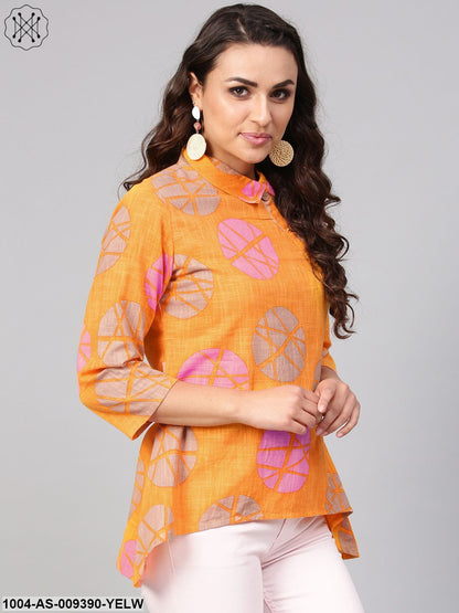 Geometric Printed Yellow Cotton Tunic With Side Placket & 3/4 Sleeves