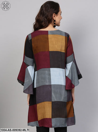 Multi-Colored Checked Tunic Key Hole Neck & Bell Sleeves