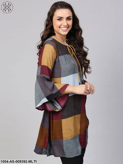 Multi-Colored Checked Tunic Key Hole Neck & Bell Sleeves