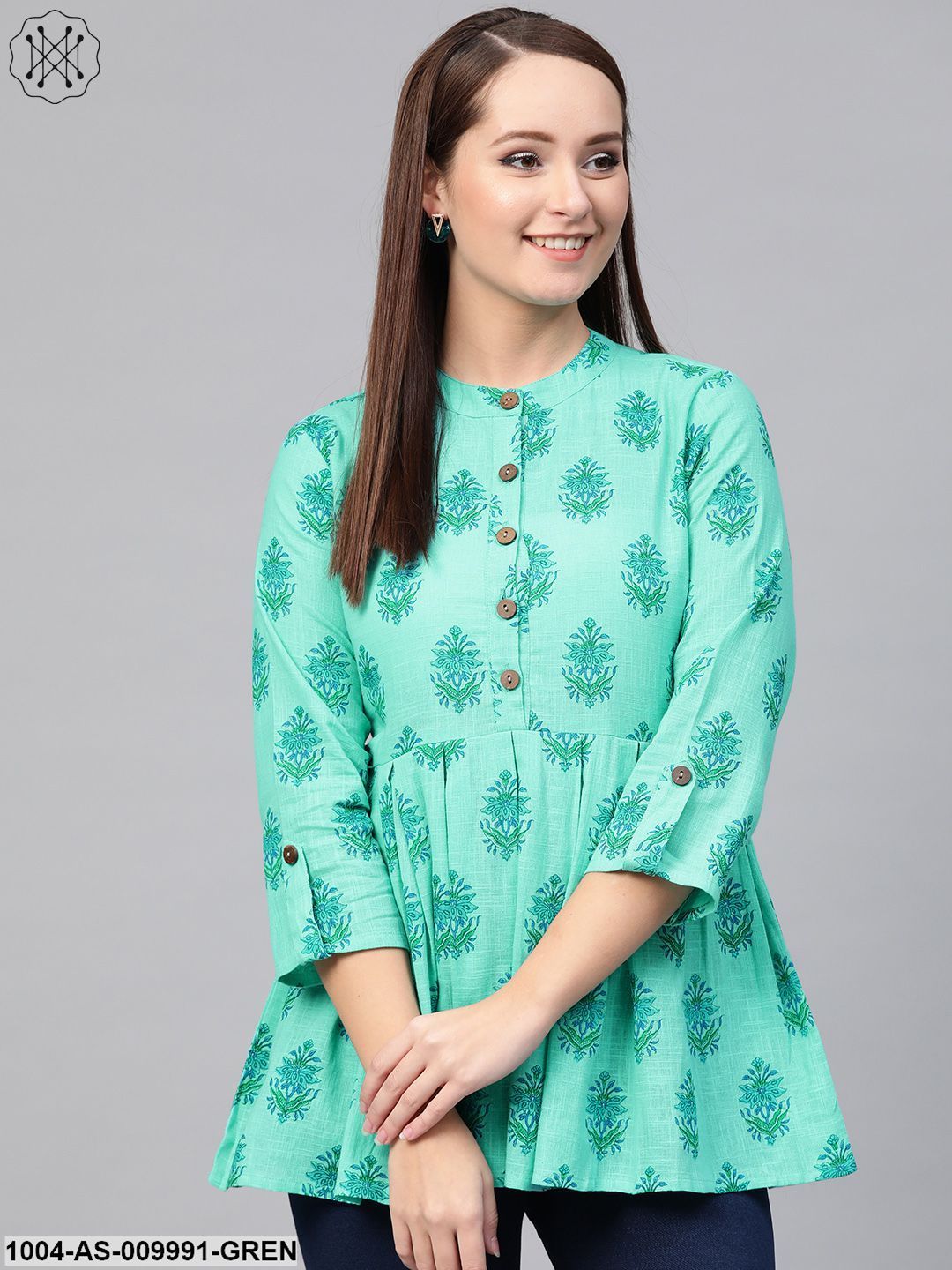 Women Blue & Green Cotton Printed Mandarin Collar Tunic