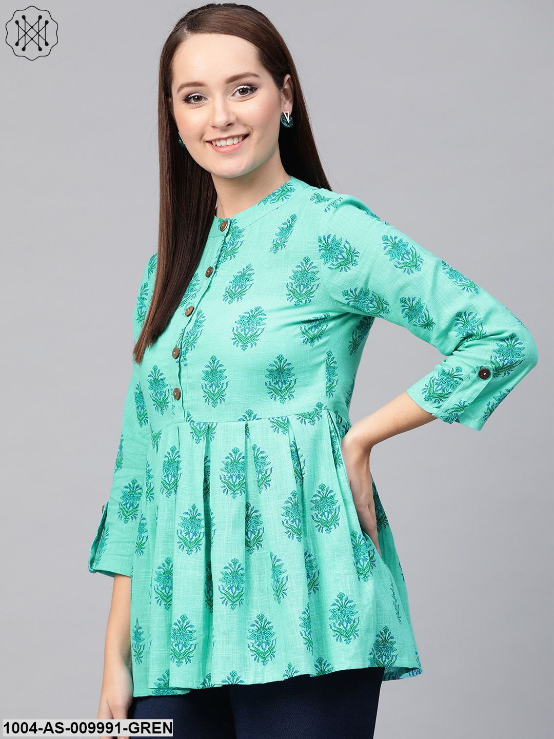 Women Blue & Green Cotton Printed Mandarin Collar Tunic