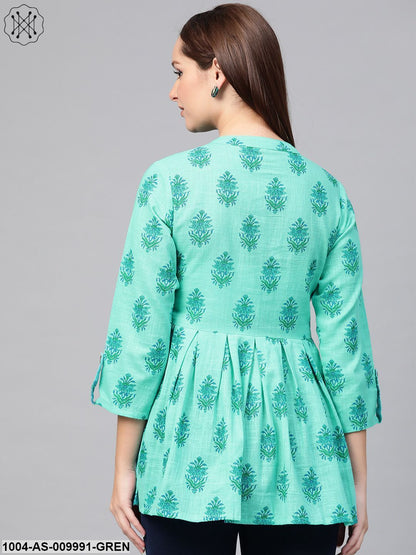 Women Blue & Green Cotton Printed Mandarin Collar Tunic