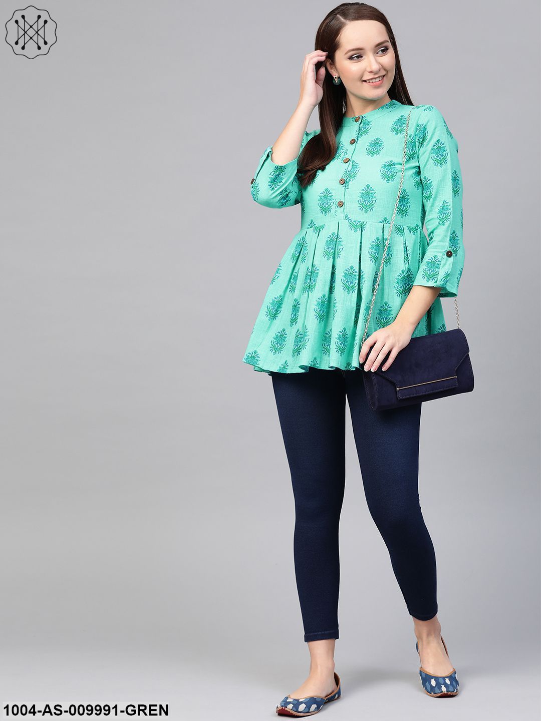 Women Blue & Green Cotton Printed Mandarin Collar Tunic