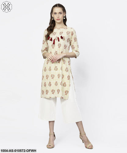 Women Off White Printed Round Neck Three-Quarter Sleeves Cotton Tunic