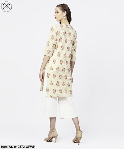 Women Off White Printed Round Neck Three-Quarter Sleeves Cotton Tunic