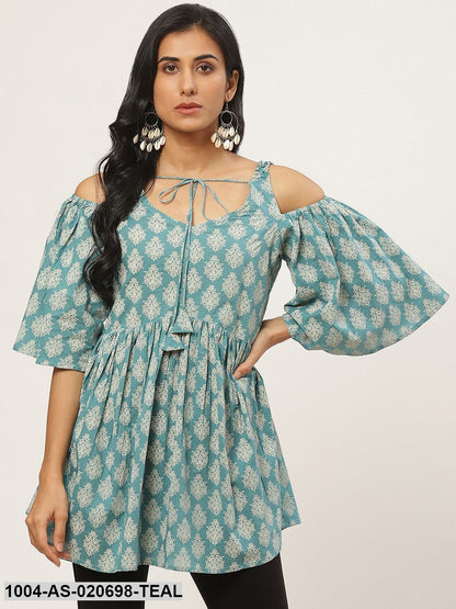 Teal Blue & Golden Ethnic Printed Cold-Shoulder Tunic