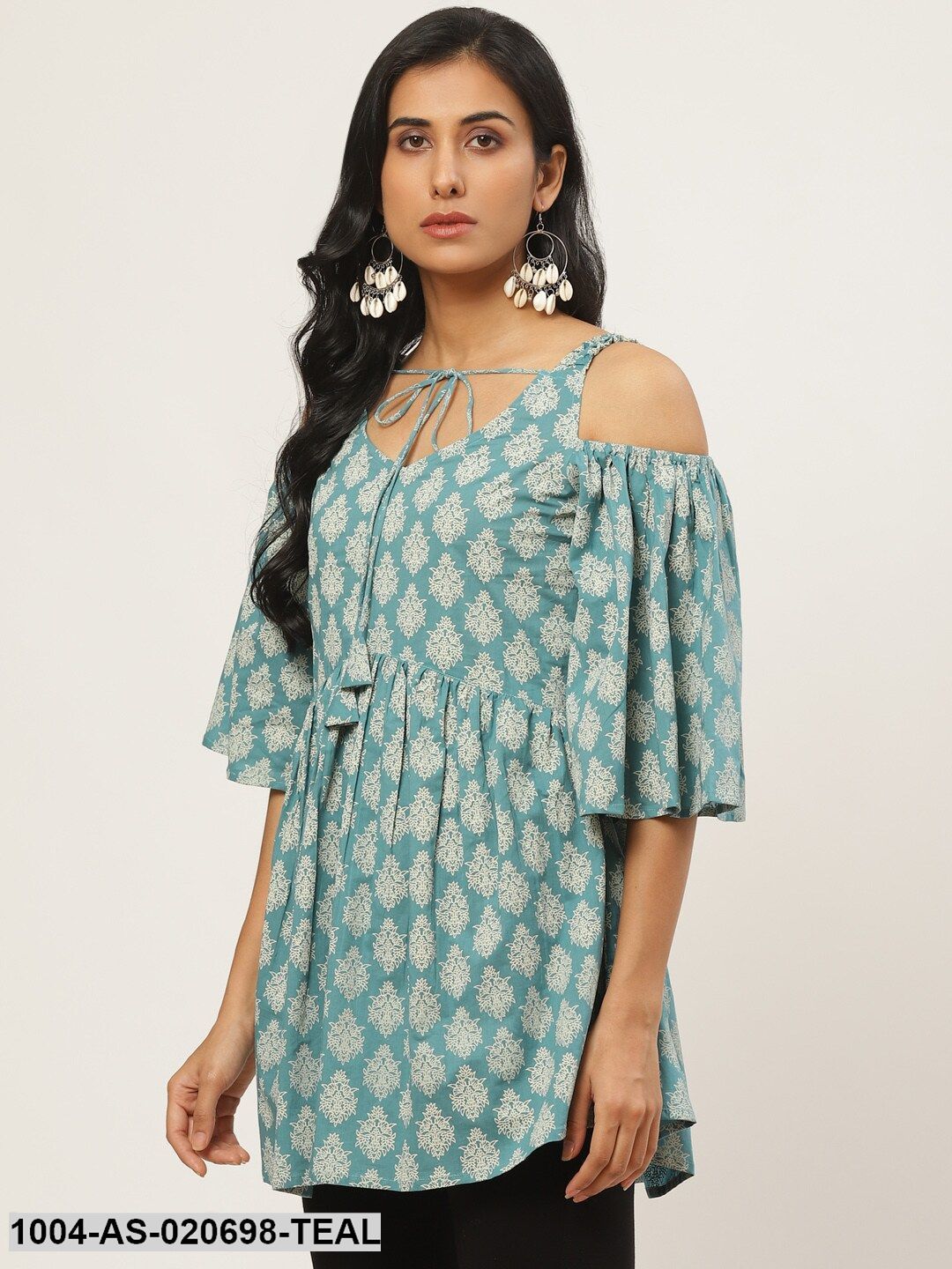 Teal Blue & Golden Ethnic Printed Cold-Shoulder Tunic