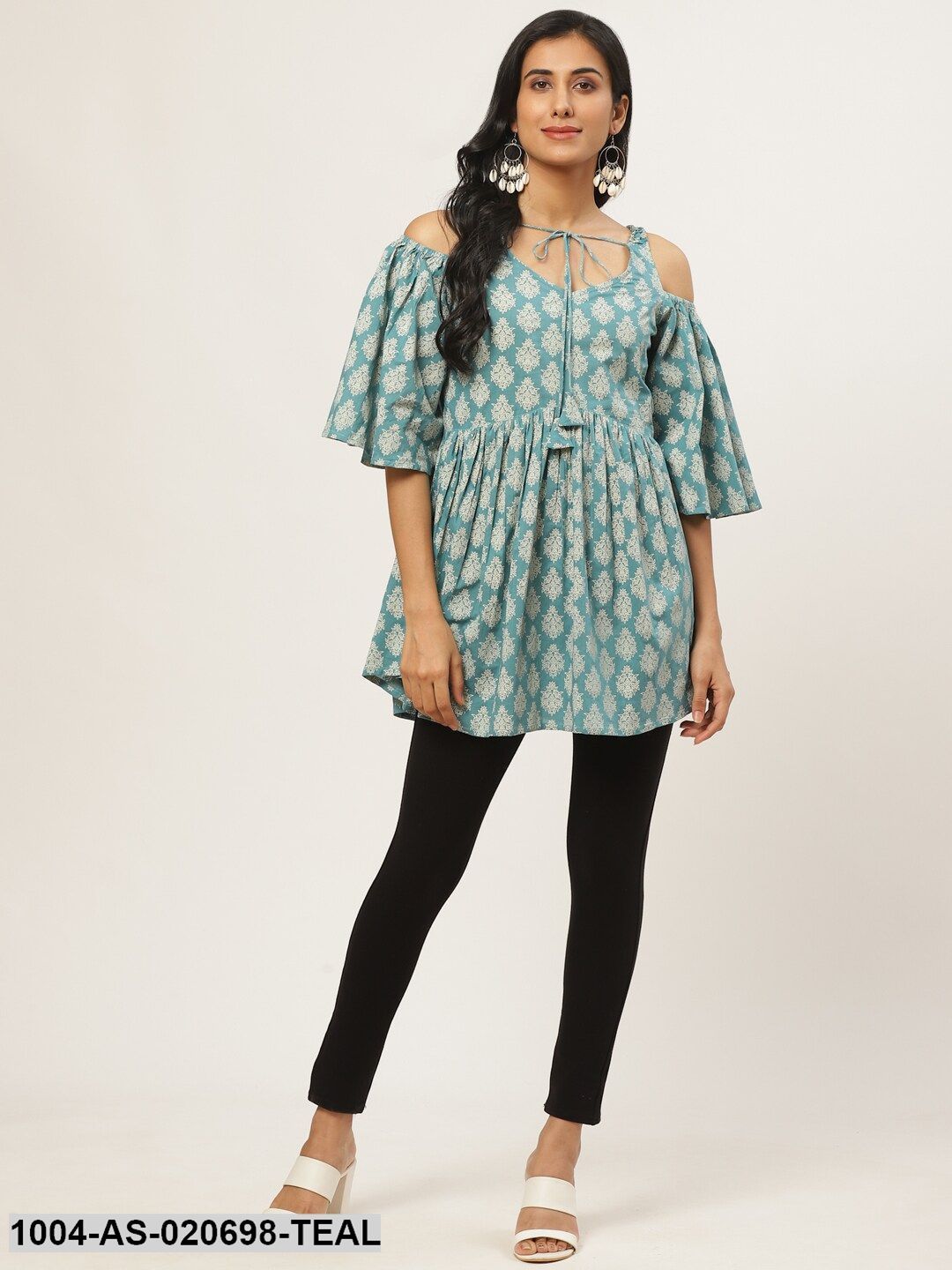 Teal Blue & Golden Ethnic Printed Cold-Shoulder Tunic