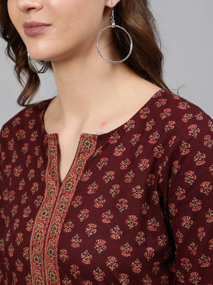 Women Burgundy Printed Tunic With Three Quarter Sleeves