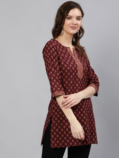 Women Burgundy Printed Tunic With Three Quarter Sleeves