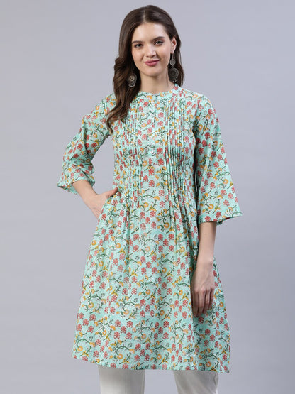 Women Green Pleated A-line Kurta With Three Quarter Sleeves