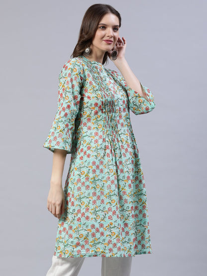 Women Green Pleated A-line Kurta With Three Quarter Sleeves