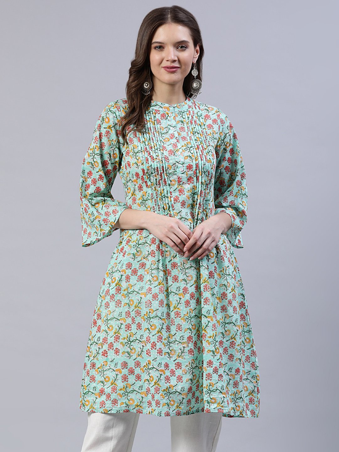 Women Green Pleated A-line Kurta With Three Quarter Sleeves