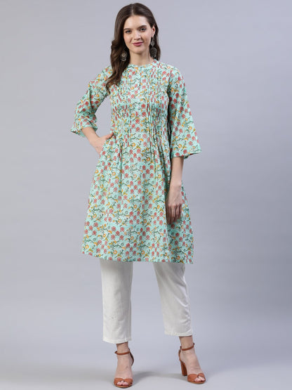 Women Green Pleated A-line Kurta With Three Quarter Sleeves