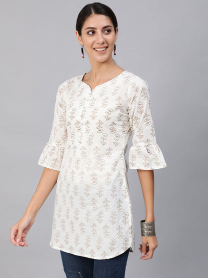 Women Off-White & Gold Printed Tunic With Three Quarter Sleeves