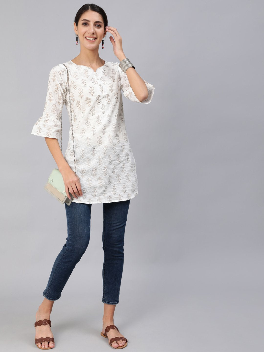 Women Off-White & Gold Printed Tunic With Three Quarter Sleeves