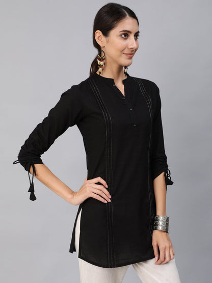 Women Black Pleated Tunic With Three Quarter Sleeves