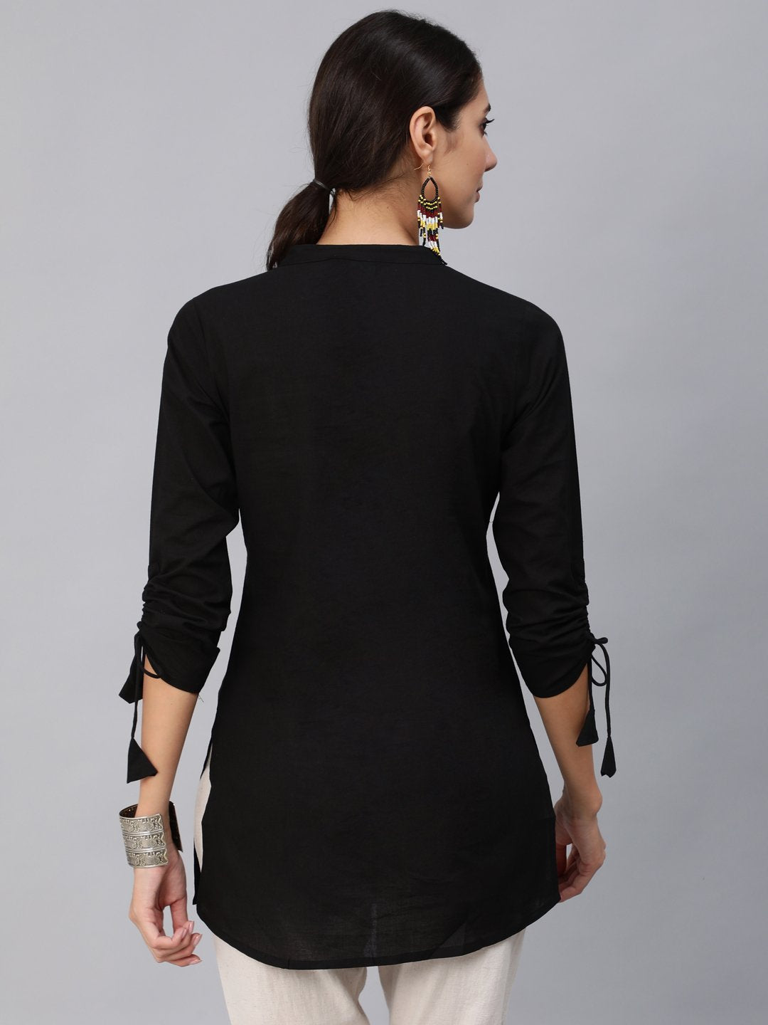 Women Black Pleated Tunic With Three Quarter Sleeves