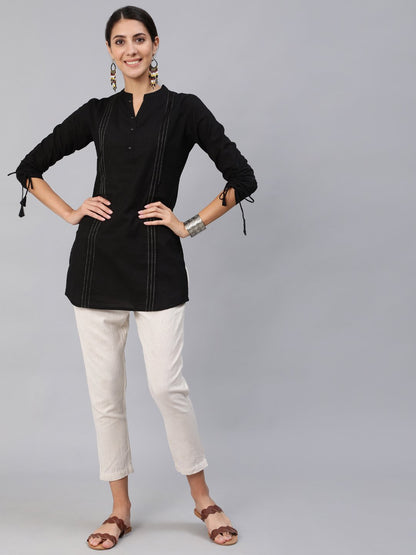 Women Black Pleated Tunic With Three Quarter Sleeves