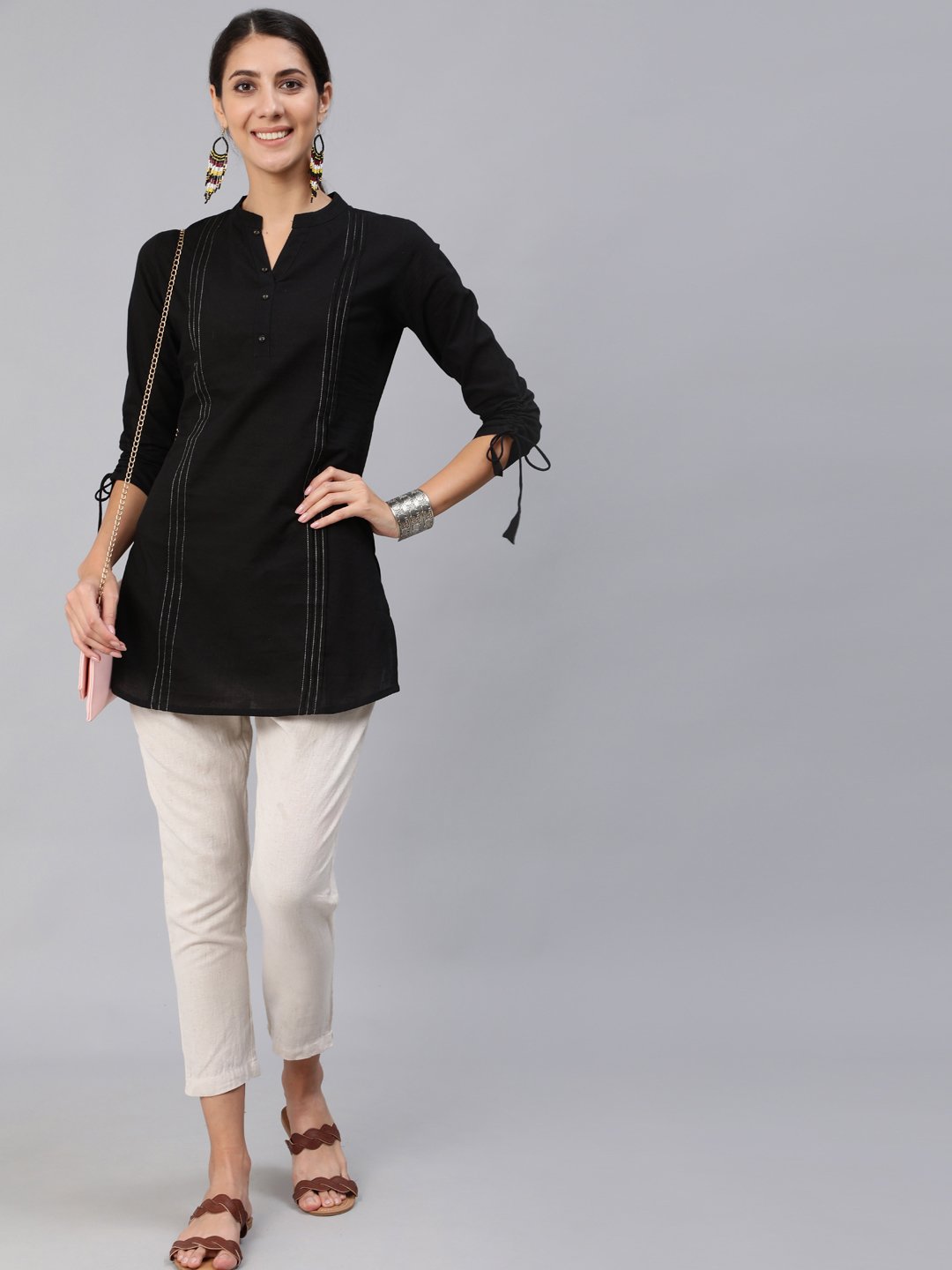 Women Black Pleated Tunic With Three Quarter Sleeves