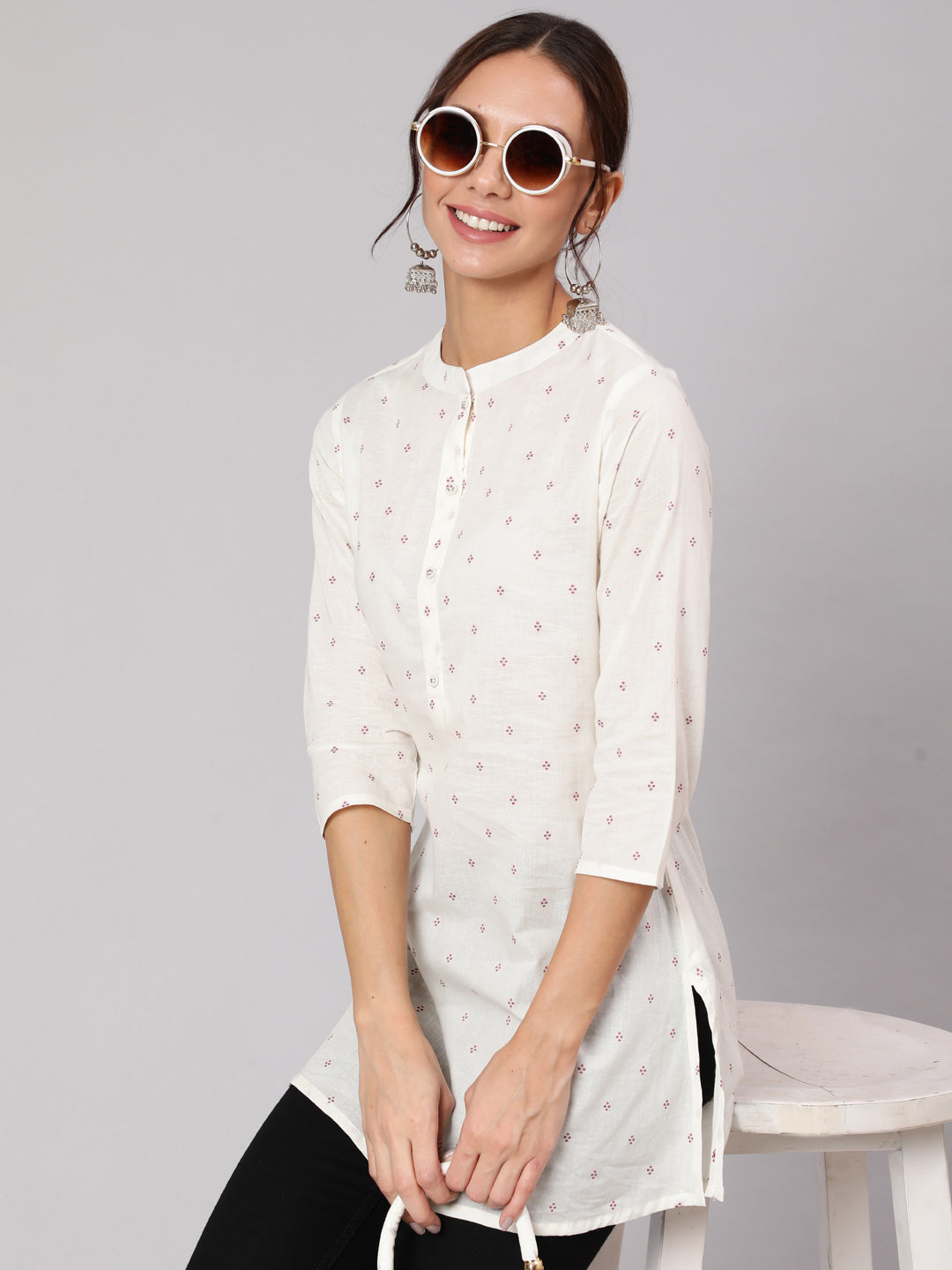 White Printed Straight Tunic With Three Quarter Sleeves