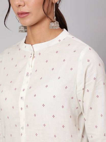 White Printed Straight Tunic With Three Quarter Sleeves