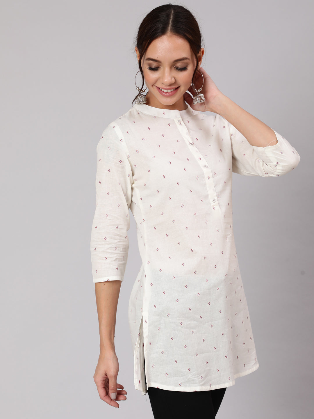 White Printed Straight Tunic With Three Quarter Sleeves