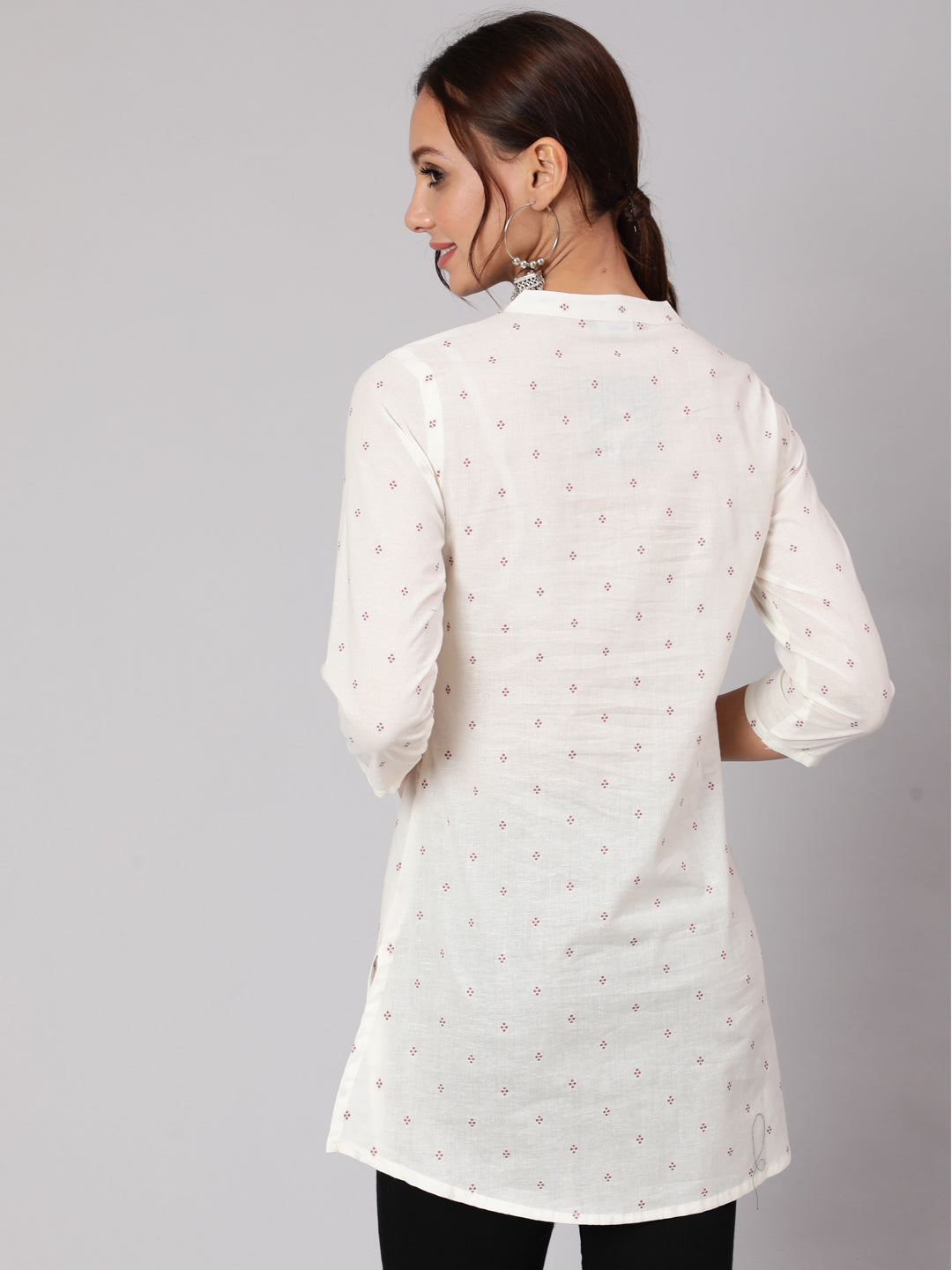 White Printed Straight Tunic With Three Quarter Sleeves