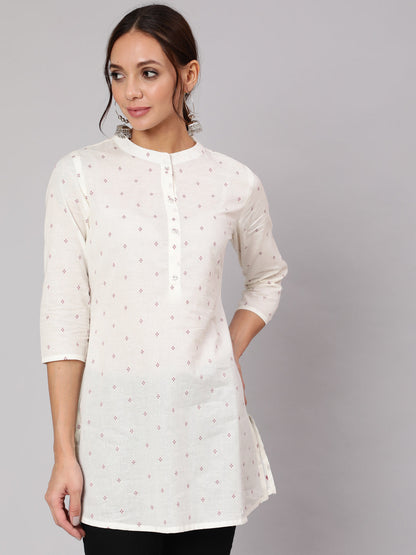 White Printed Straight Tunic With Three Quarter Sleeves