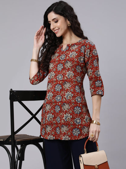 Rust Floral Printed Straight Tunic With Three Quarter Sleeves