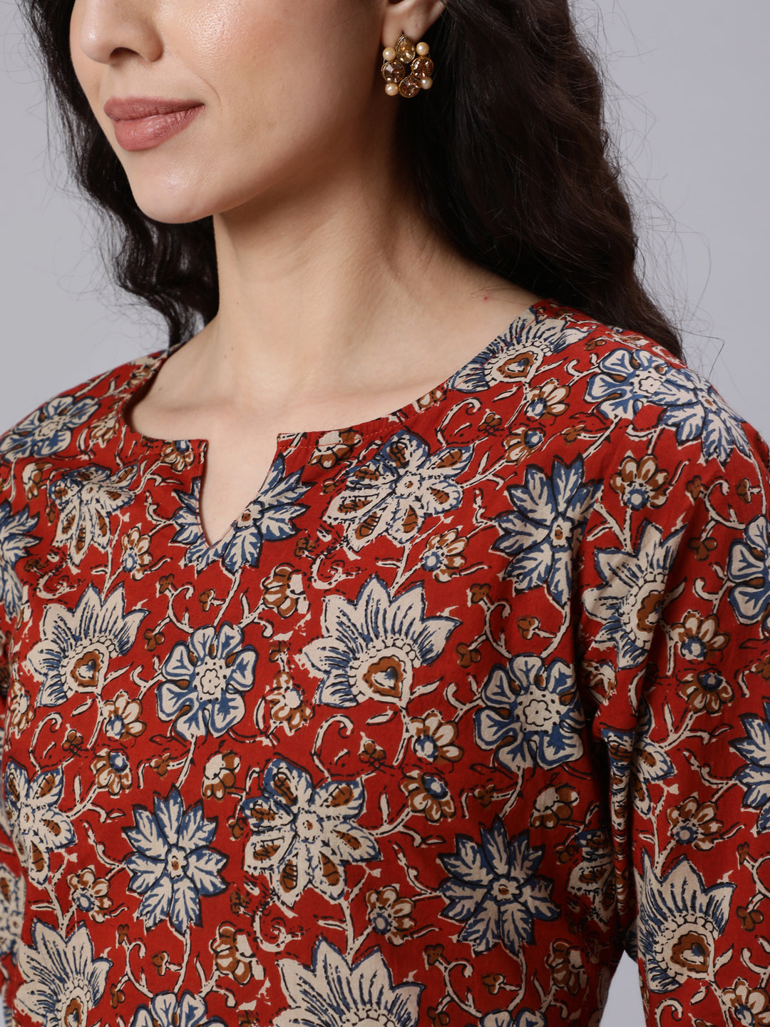 Rust Floral Printed Straight Tunic With Three Quarter Sleeves