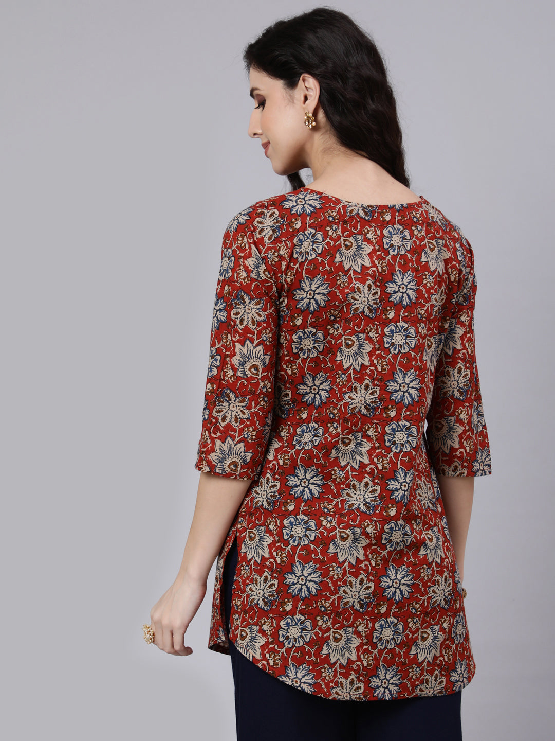 Rust Floral Printed Straight Tunic With Three Quarter Sleeves