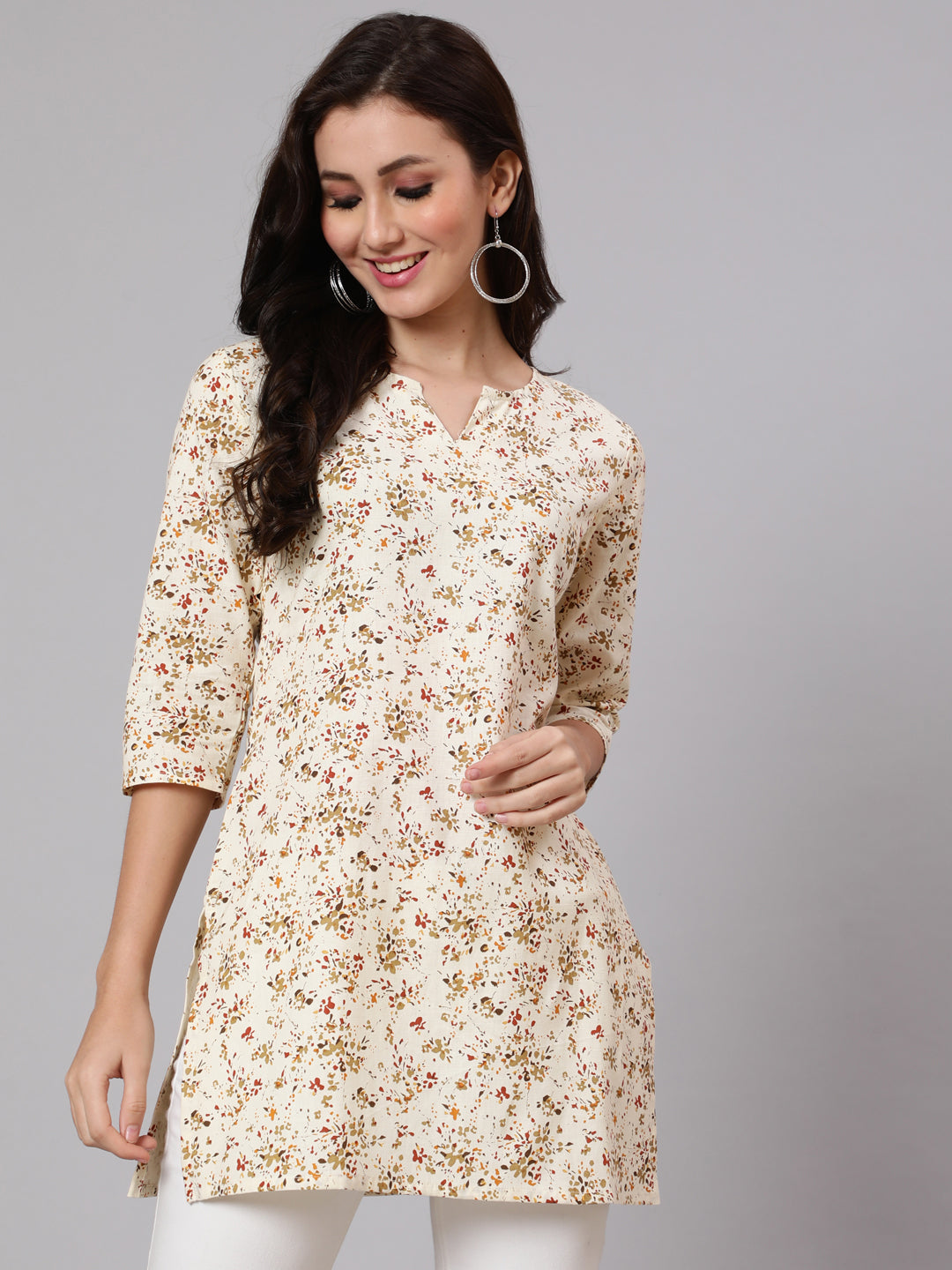 Cream Ethnic Printed Straight Tunic