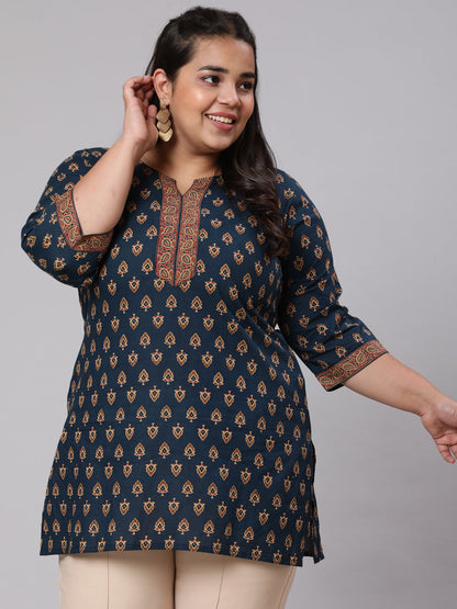 Plus Size Navy Blue Tunic With Three Quarter Sleeves