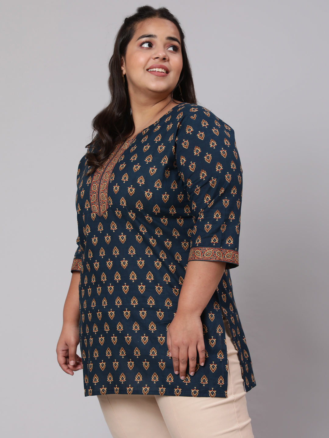 Plus Size Navy Blue Tunic With Three Quarter Sleeves